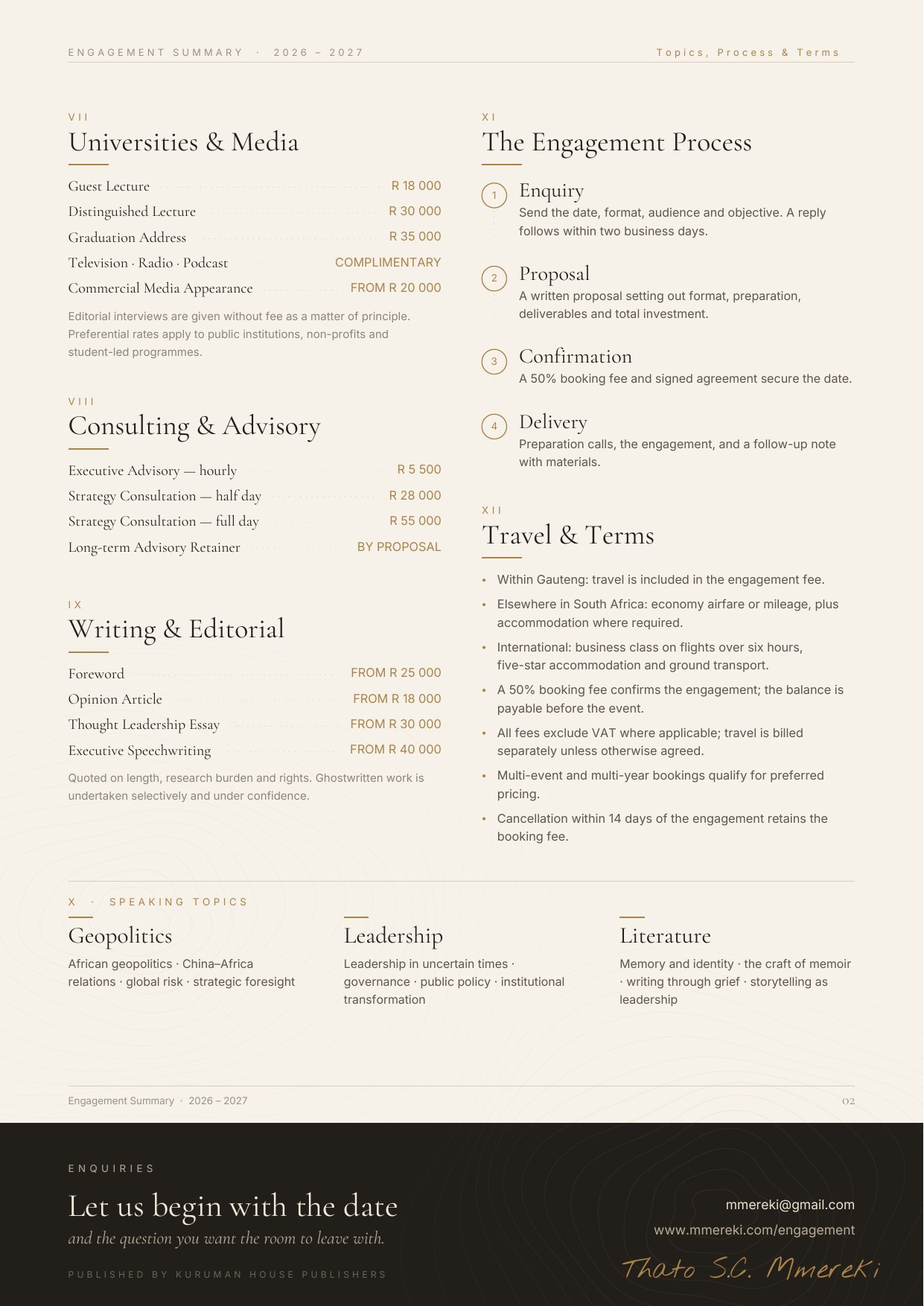 Engagement Summary 2026–2027, Page two — topics, process and terms