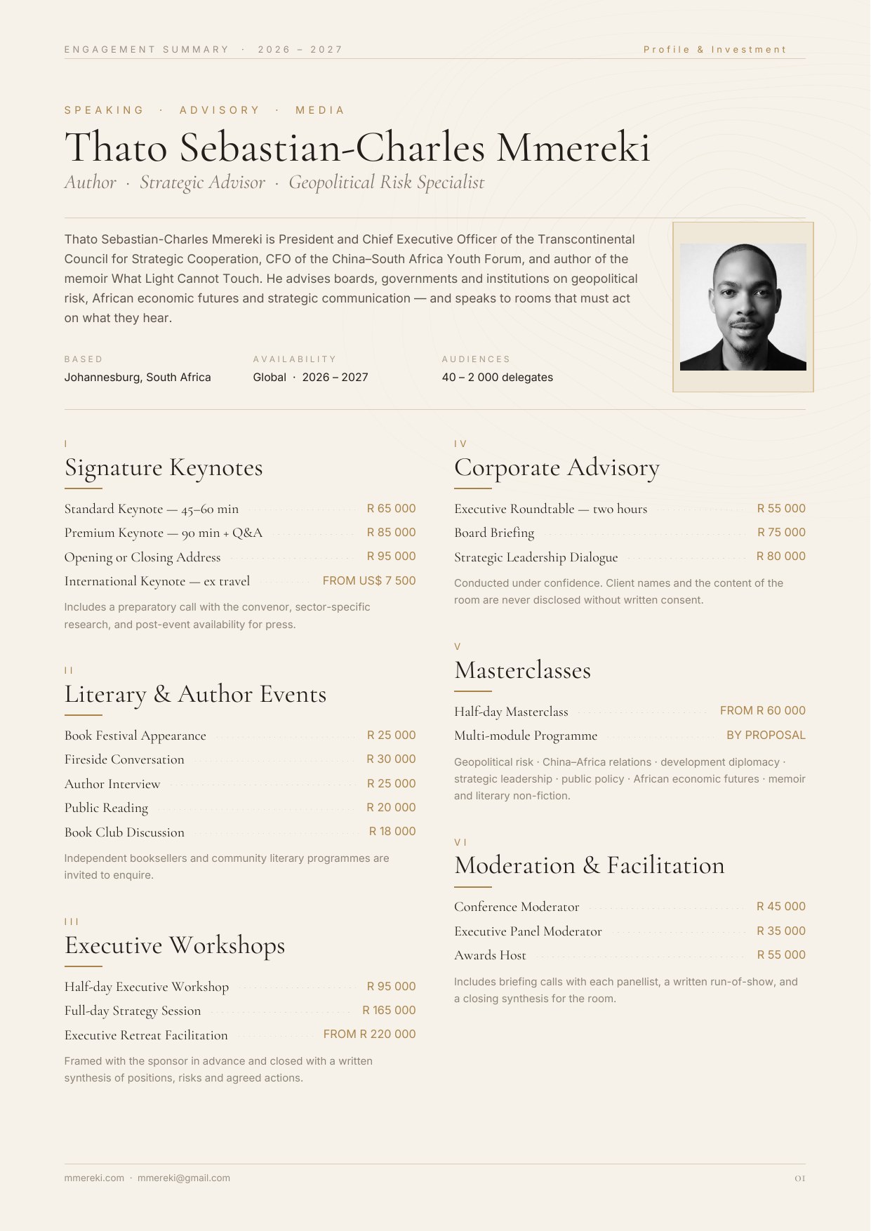 Engagement Summary 2026–2027, Page one — profile and investment